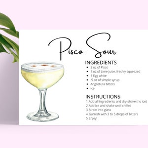 Pisco Sour DIGITAL DOWNLOAD Cocktail Rezept Karte, Cocktailrezept, Cocktailrezepte, Sofort Download, Rezeptkarten druckbar, Pisco