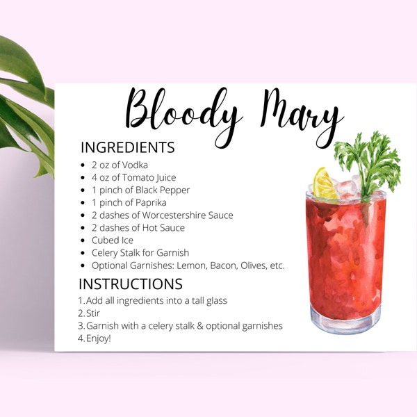 Bloody Mary DIGITAL DOWNLOAD Cocktail Recipe Card, Cocktail Recipe, Cocktail Recipes, Instant Download, Recipe Cards Printable, Digital DL