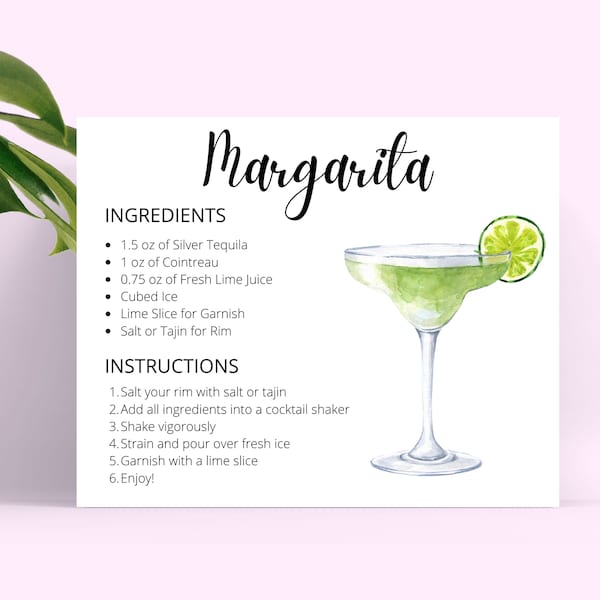 Margarita DIGITAL DOWNLOAD Cocktail Recipe Card, Cocktail Recipe, Cocktail Recipes, Instant Download, Recipe Cards Printable, Digital DL