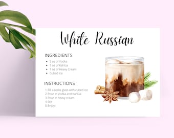 White Russian DIGITAL DOWNLOAD Cocktail Recipe Card, Cocktail Recipes, Instant Download, Recipe Cards Printable, Christmas Gift, Xmas Gift