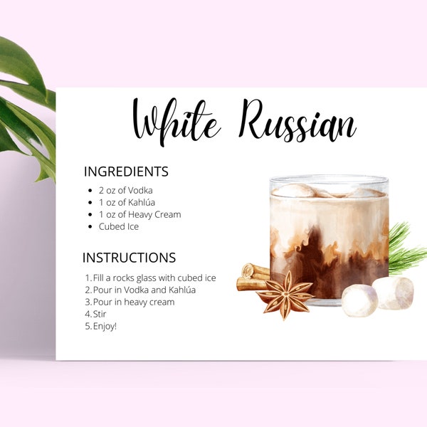 White Russian DIGITAL DOWNLOAD Cocktail Recipe Card, Cocktail Recipes, Instant Download, Recipe Cards Printable, Christmas Gift, Xmas Gift