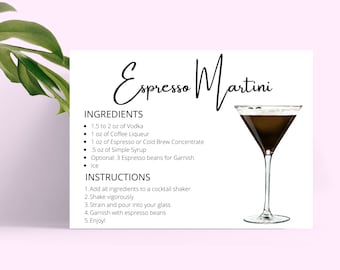 Espresso Martini DIGITAL DOWNLOAD Cocktail Recipe Card, Espresso, Martini, Coffee, Cocktail Recipe, Recipe Cards Printable, Digital Download