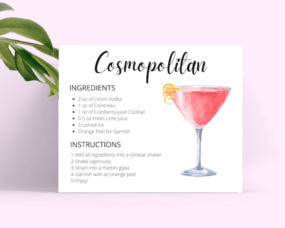 Cosmopolitan DIGITAL DOWNLOAD Cocktail Recipe Card Cocktail - Etsy