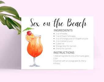 Sex on the Beach DIGITAL DOWNLOAD Cocktail Recipe Card, Cocktail Recipe, Cocktail Recipes, Instant Download, Recipe Cards Printable