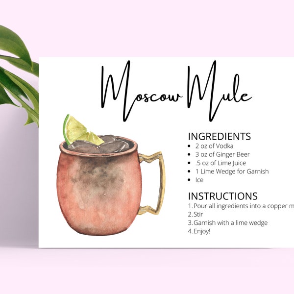 Moscow Mule DIGITAL DOWNLOAD Cocktail Recipe Card, Moscow Mule, Moscow Mule Recipe Card, Cocktail Recipe, Cocktail Recipes, Recipe Cards