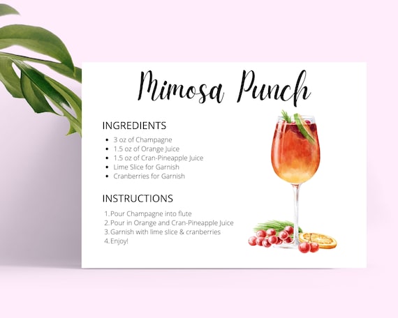 Mimosa Punch DIGITAL DOWNLOAD Cocktail Recipe Card, Cocktail