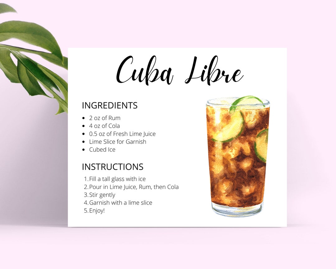 Cuba Libre DIGITAL DOWNLOAD Cocktail Recipe Card, Cocktail