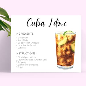 Cuba Libre DOWNLOAD DIGITALE Scheda ricetta cocktail, Ricetta cocktail, Ricette cocktail, Download istantaneo, Schede ricetta stampabili, DL digitale