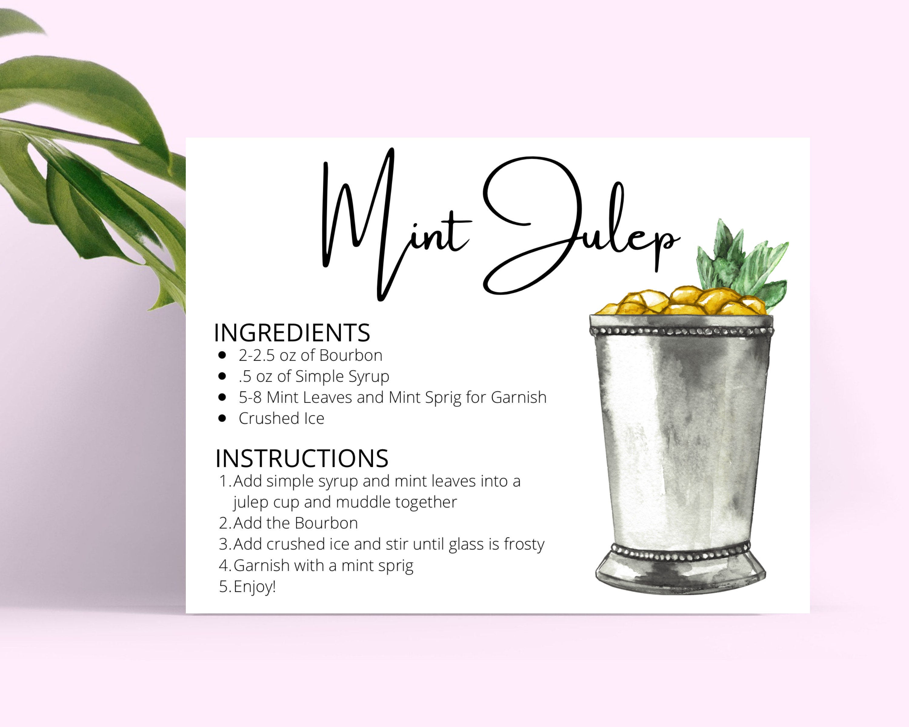 Mint Julep DIGITAL DOWNLOAD Cocktail Recipe Card, Cocktail Recipe ...