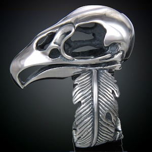 Vulture Skull Ring in Sterling Silver by Mercurious Designs. 925 designer sterling silver ring with feather band