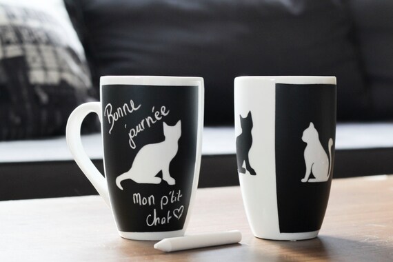 Tasse Café Chat Noir Et Blanc Mug Ardoise Peint à La Main Tasse Thé Tableau Noir Chatons Chats