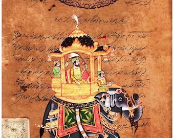 Old Mughal Style Indian fine Miniature Portrait Painting Water color on Old Stamp Paper of Royal Indian Maharaja Riding his Elephant