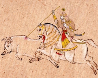 Fine art handmade miniature sketch Drawing Mughal Rajput style Bull Hunting Fine Detailed art vintage 1970's old