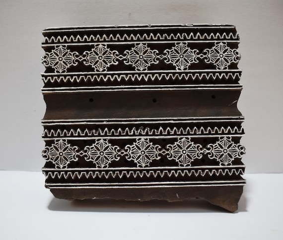 Antique Indian wooden hand carved textile printing fabric block / stamp vintage tool Fine Twin Floral Border design pattern