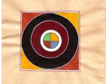 Pittura Tantra indiana vintage degli anni '80 su vecchia carta di Tantra Arte tantrica Arte di meditazione geometrica Arte spirituale