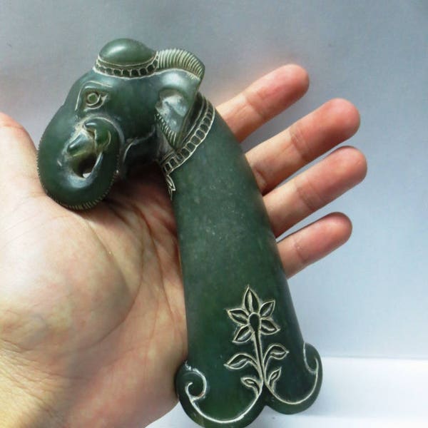 Hand Carved Indian Jade Stone Dagger / Sword Hilt Elephant Head Indo Persian Mughal Style carving Piece of art