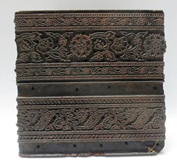 Antique Indian wooden hand carved textile printing fabric block / stamp vintage tool unique ethnic design pattern Floral Twin Border