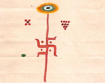 Pintura em miniatura indiana vintage dos anos 1980 em papel antigo, representando a arte tântrica do Tantra e a força mística cósmica da Kundalini.