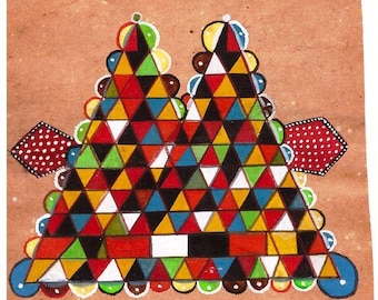 1970's Tantra Tantric Painting on Old paper Vintage Tantra Yogi Geometric Twin Mandana Art Gift