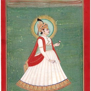 1950&#39;S VINTAGE Indian handmade miniature Jaipur Style PAINTING PORTRAIT of a Royal king real gold decoration fine detailed