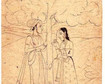 Indian miniature sketch drawing of Indian couple romancing around a tree pencil art collectible