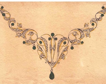 Vintage 1950&#39;s hand painted jewellery design pattern on old paper fine art collectible painting