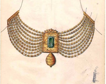 Vintage 1950&#39;s hand painted jewellery design pattern on old butter paper fine art collectible painting necklace pattern