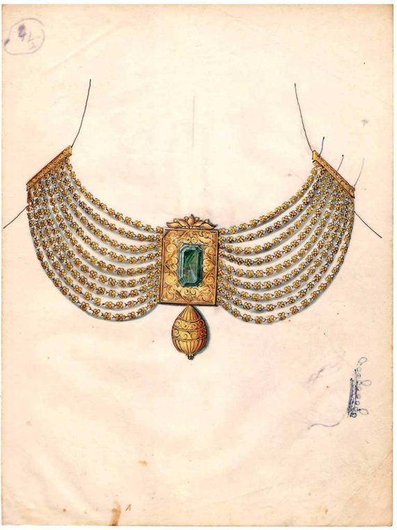 Vintage 1950's hand painted jewellery design pattern on old butter paper  fine art collectible painting necklace pattern