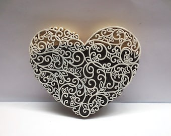 Indian wooden textile printing on fabric block / Clay pottery stamp unique Fine carving heart design pattern Large 5.5&quot; x 6.5&quot; inches