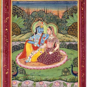Vintage 1950&#39;s Original HANDMADE fine Elaborately detailed Indian Miniature Painting Radha Krishna painting real gold decoration