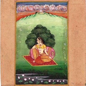1950&#39;S VINTAGE Indian handmade miniature Mughal Style women portrait fine PAINTING real gold decoration