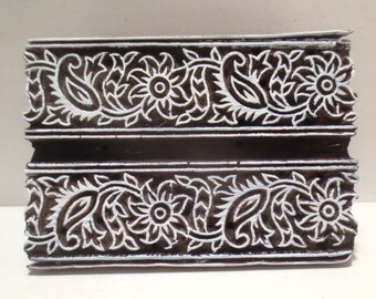 Vintage Indian wooden hand carved textile printing fabric block / stamp ethnic Paisley and Floral Twin Border carving design pattern