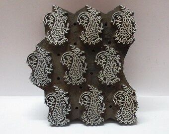 Indian wooden hand carved textile printing fabric block / stamp fine paisley buti design carving pattern large