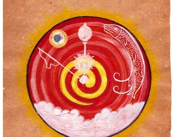 Pintura tântrica tântrica dos anos 1970 em papel antigo, arte vintage de Tantra Shaligram, presente fino e exclusivo