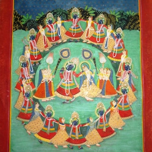 Vintage 1950&#39;s Original HANDMADE Indian Miniature Painting Radha Krishna Sharad Raas painting real gold decoration LARGE SIZE