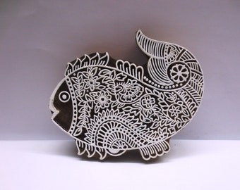 Indian wooden hand carved textile printing on fabric block / stamp fine carving FISH design pattern 6&quot; INCHES