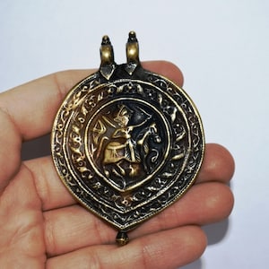 Vintage Antique Tribal Old Brass Amulet Pendant Necklace Hindu God Bhumiya Raj India Rich Patina Collectable