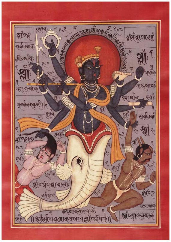 ヴィンテージのインドのミニチュア絵画、ユニークなヴィシュヌ神マツヤ