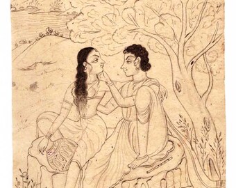 Fine art handmade miniature pencil sketch on old paper depicting a love scene chemistry