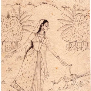 Indian miniature sketch of painting pencil art fine portrait of beautiful Indian women playing with birds collectible