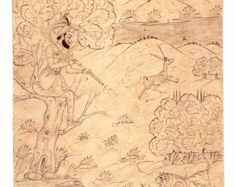 Fine art handmade miniature pencil sketch of royal hunting scene from Kotah school India