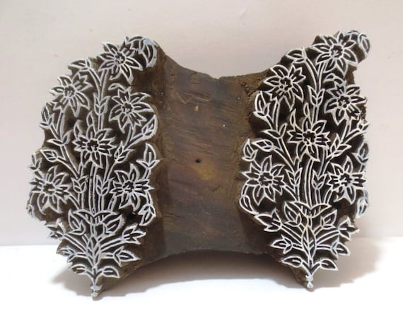 VINTAGE wooden hand carved textile fabric tissu printer block / stamp fine floral Twin print design tool