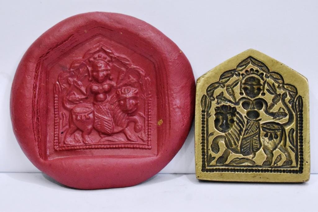 Vintage Indian Brass Bronze Jewelry Making tool Mould Stamp Dye Wax Goddess Durga on Lion Pattern Large Sized Fine Imprint Traditional