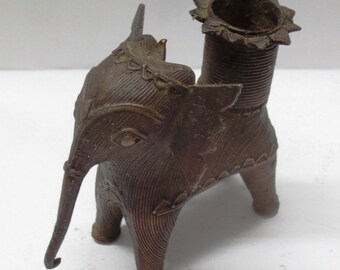 Vintage Indian Brass Bronze Metal wax casted elephant candle holder stand Rich Patina Home Decor Gift