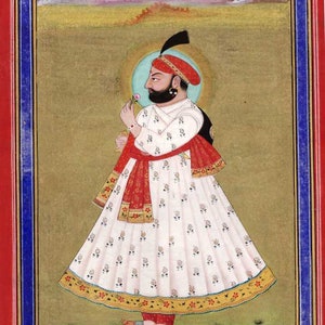 1950&#39;S VINTAGE Indian handmade miniature Marwar Rajput Mughal Style PAINTING PORTRAIT of a Royal king real gold decoration fine detailed