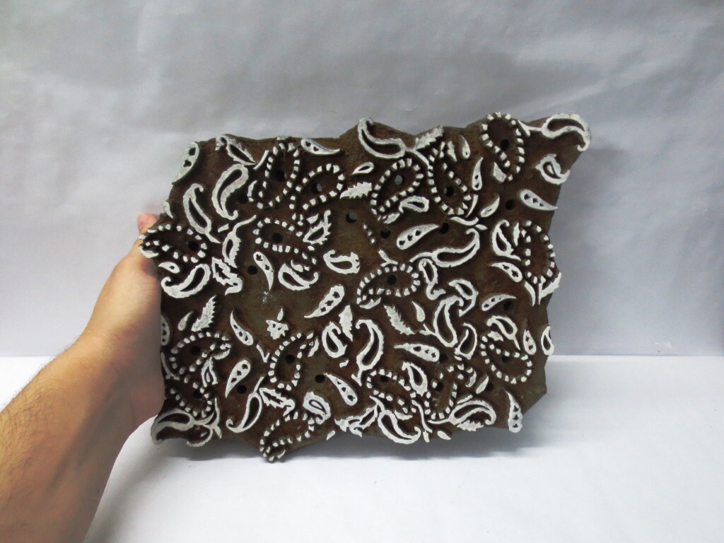Indian wooden hand carved textile printing on fabric block / stamp bold carving traditional indian paisley design huge pattern
