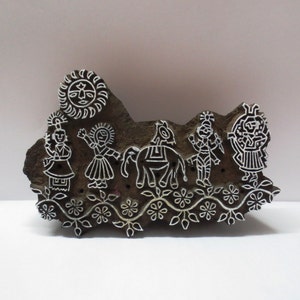 Indian wooden hand carved textile printing fabric block / stamp fine detailed carving procession design pattern