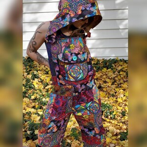 Butterfly Garden Patchwork Hooded Overalls Womens Medium