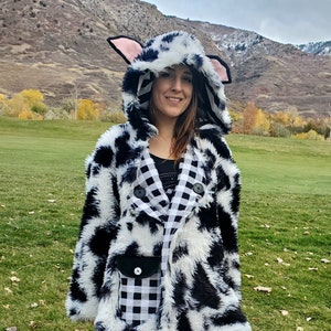 Fluffy cow print hoodie shop
