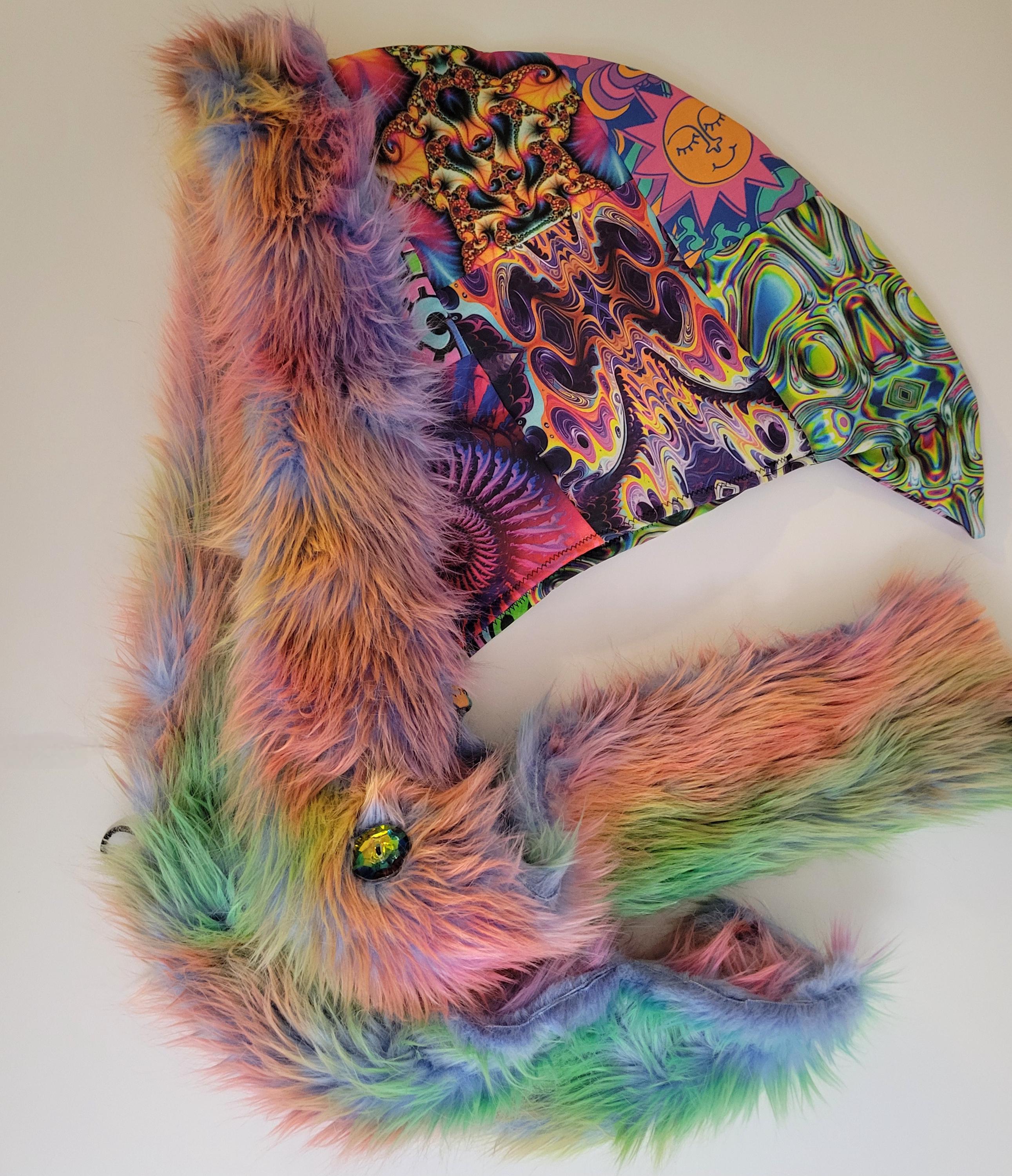 Neon Psychedelic Print Patchwork Hood with Faux Fur Trim